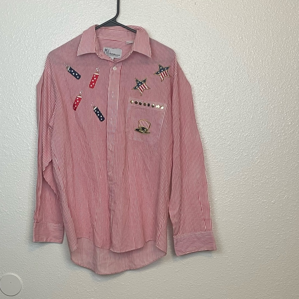 Mili Designs Medium Red White Stripes 4th Of July Fire Works Stars Button Up